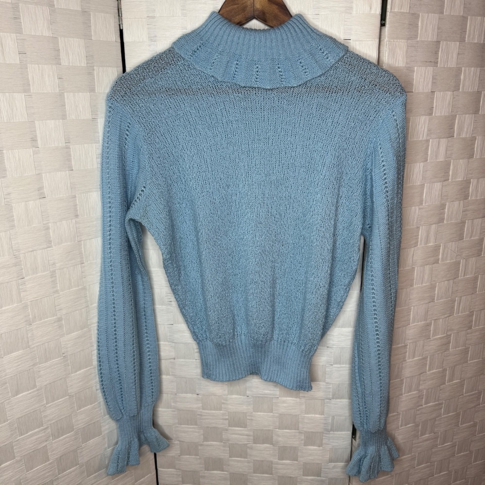 Vintage CottageCore Ruffle Knit Blue Sweater Boho 80s Made in The USA Small